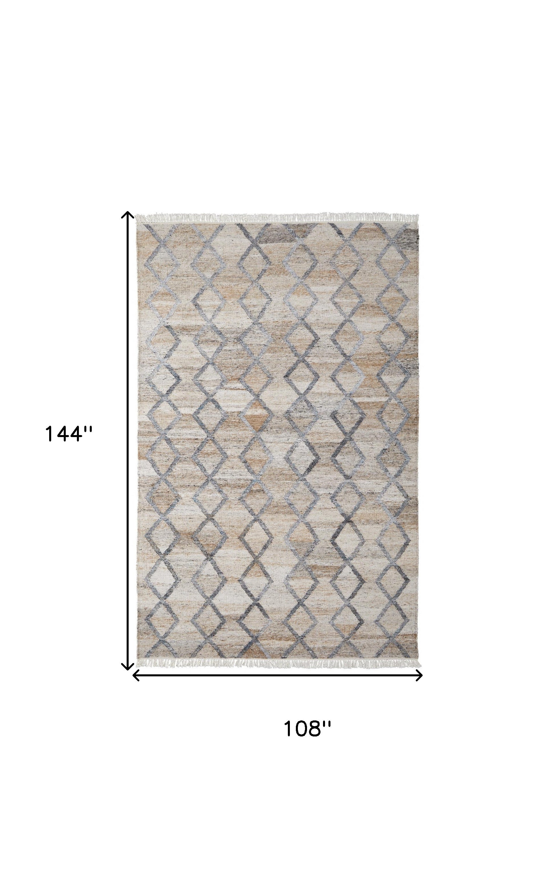 9' X 12' Gray Ivory And Tan Geometric Hand Woven Stain Resistant Area Rug With Fringe