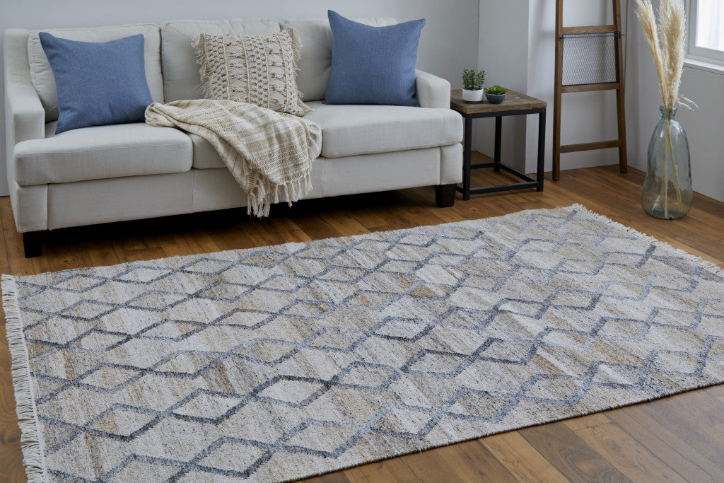 10' X 13' Gray Ivory And Tan Geometric Hand Woven Stain Resistant Area Rug With Fringe