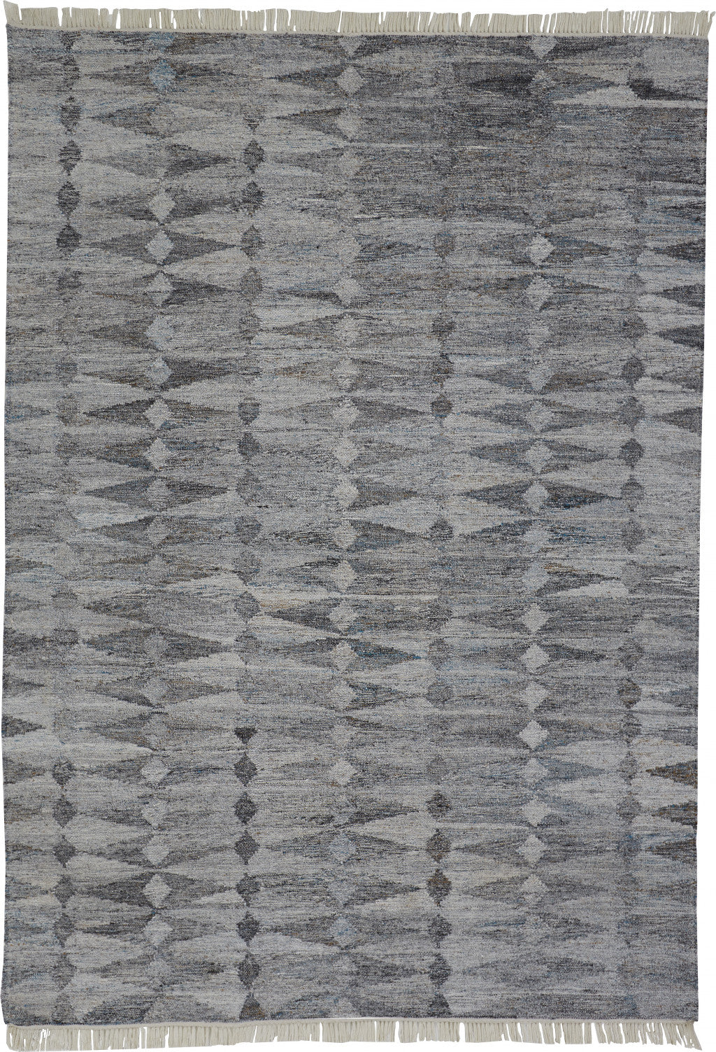 10' X 13' Gray Silver And Ivory Geometric Hand Woven Stain Resistant Area Rug With Fringe