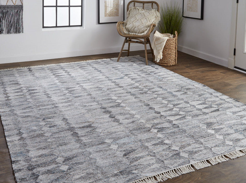 10' X 13' Gray Silver And Ivory Geometric Hand Woven Stain Resistant Area Rug With Fringe