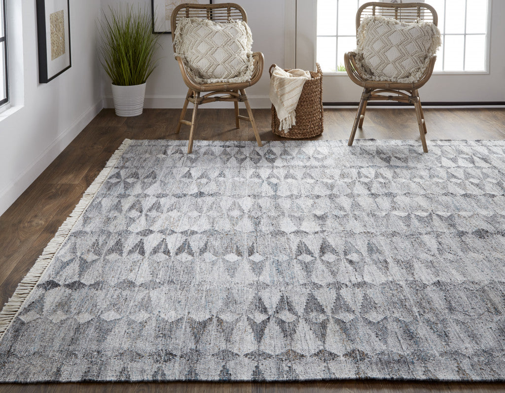 10' X 13' Gray Silver And Ivory Geometric Hand Woven Stain Resistant Area Rug With Fringe