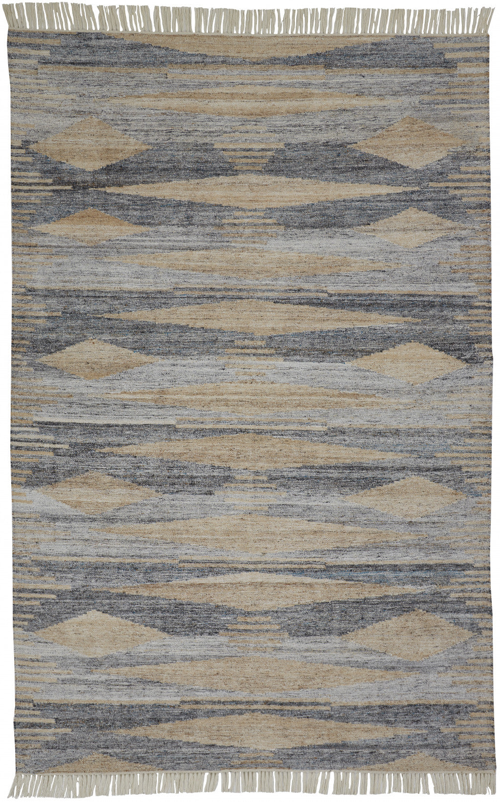 8' X 10' Gray Tan And Silver Abstract Hand Woven Stain Resistant Area Rug With Fringe