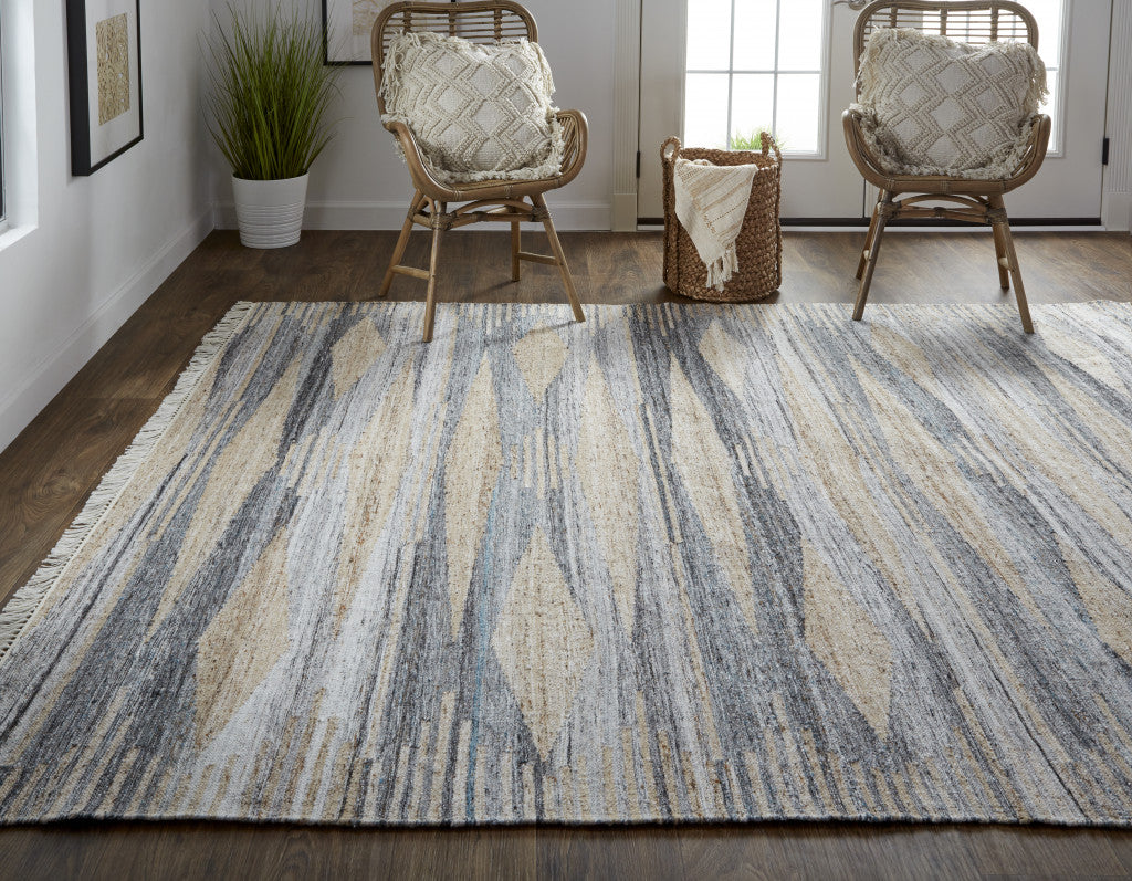 9' X 12' Gray Tan And Silver Abstract Hand Woven Stain Resistant Area Rug With Fringe