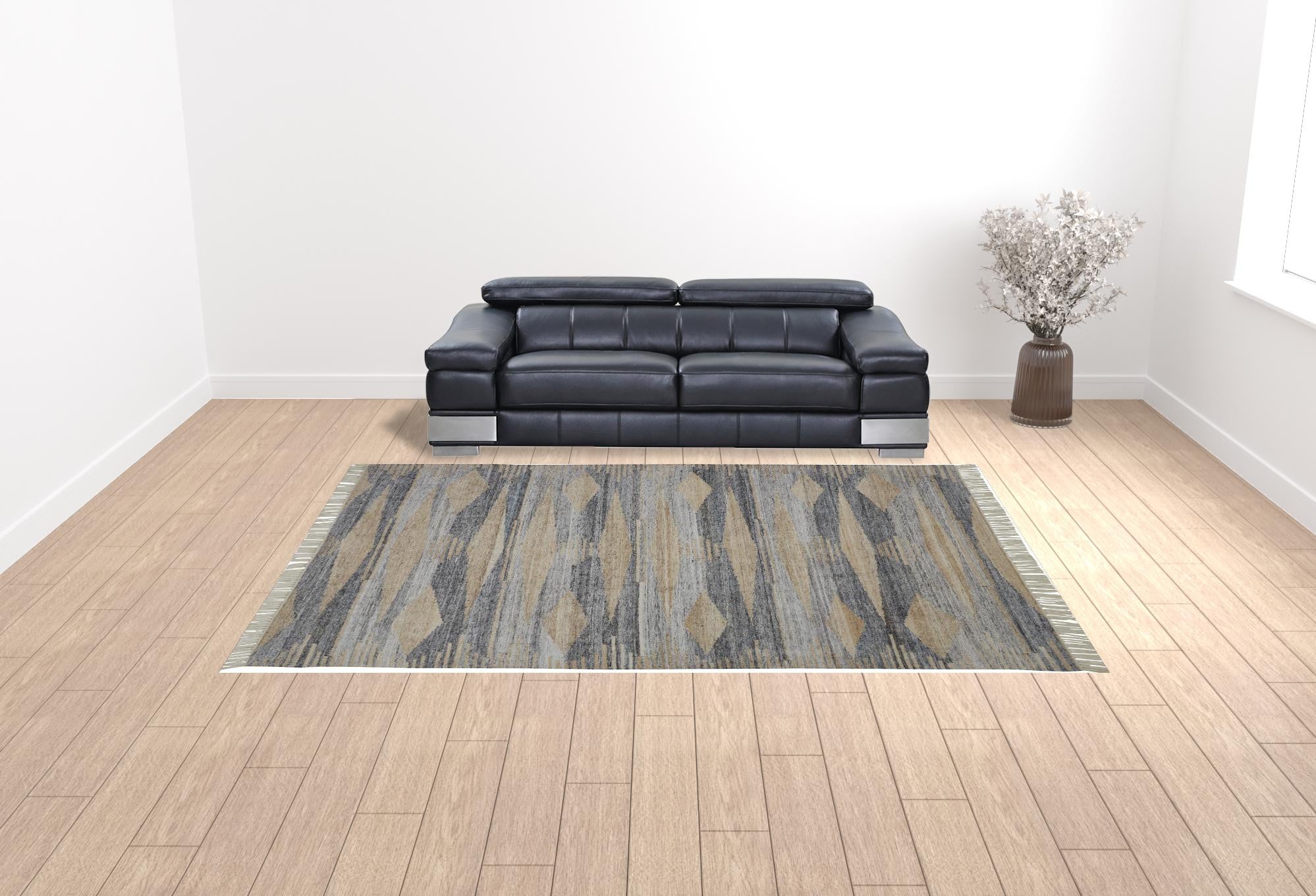 10' X 13' Gray Tan And Silver Abstract Hand Woven Stain Resistant Area Rug With Fringe