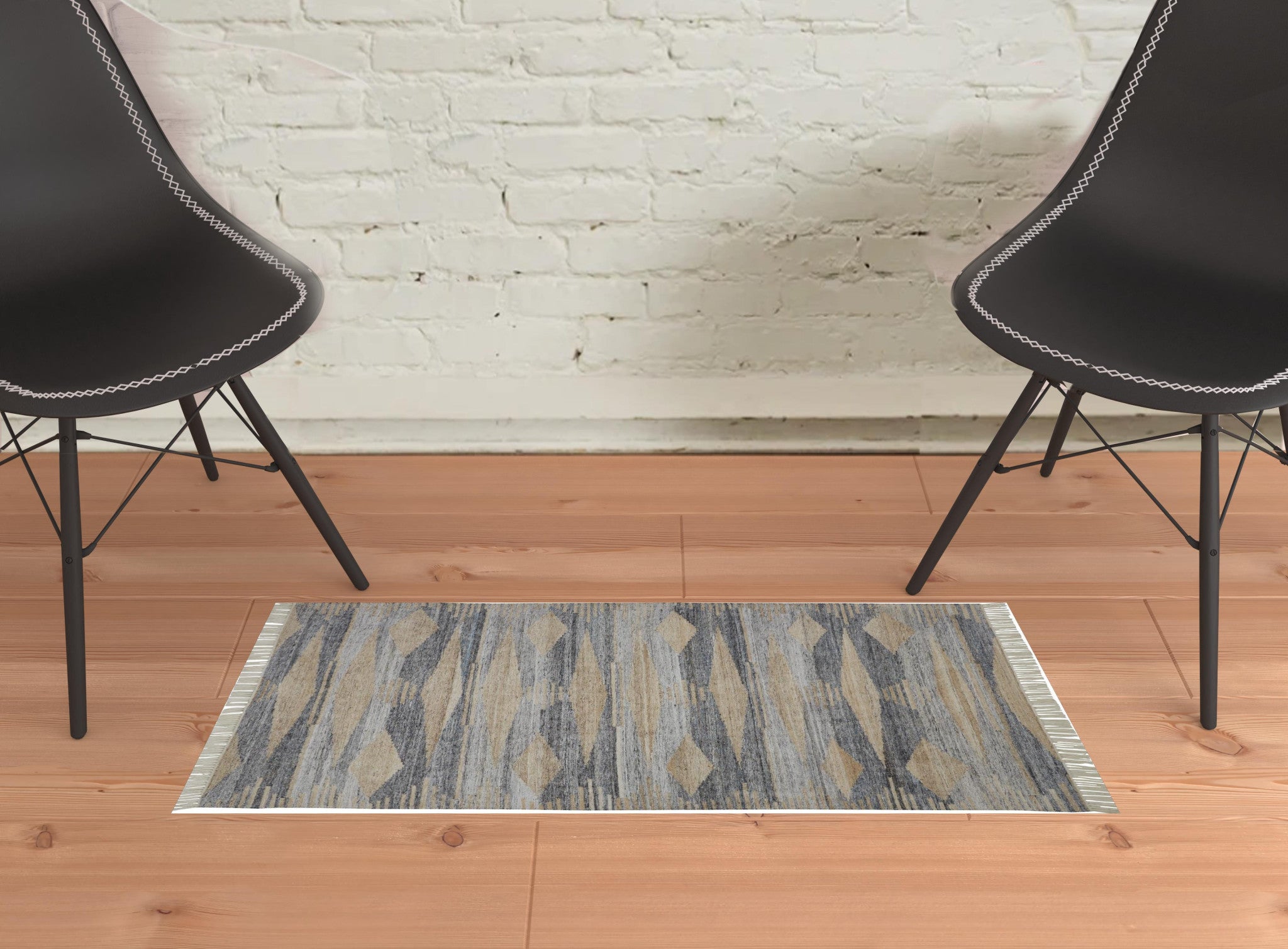 2' X 3' Gray Tan And Silver Abstract Hand Woven Stain Resistant Area Rug With Fringe