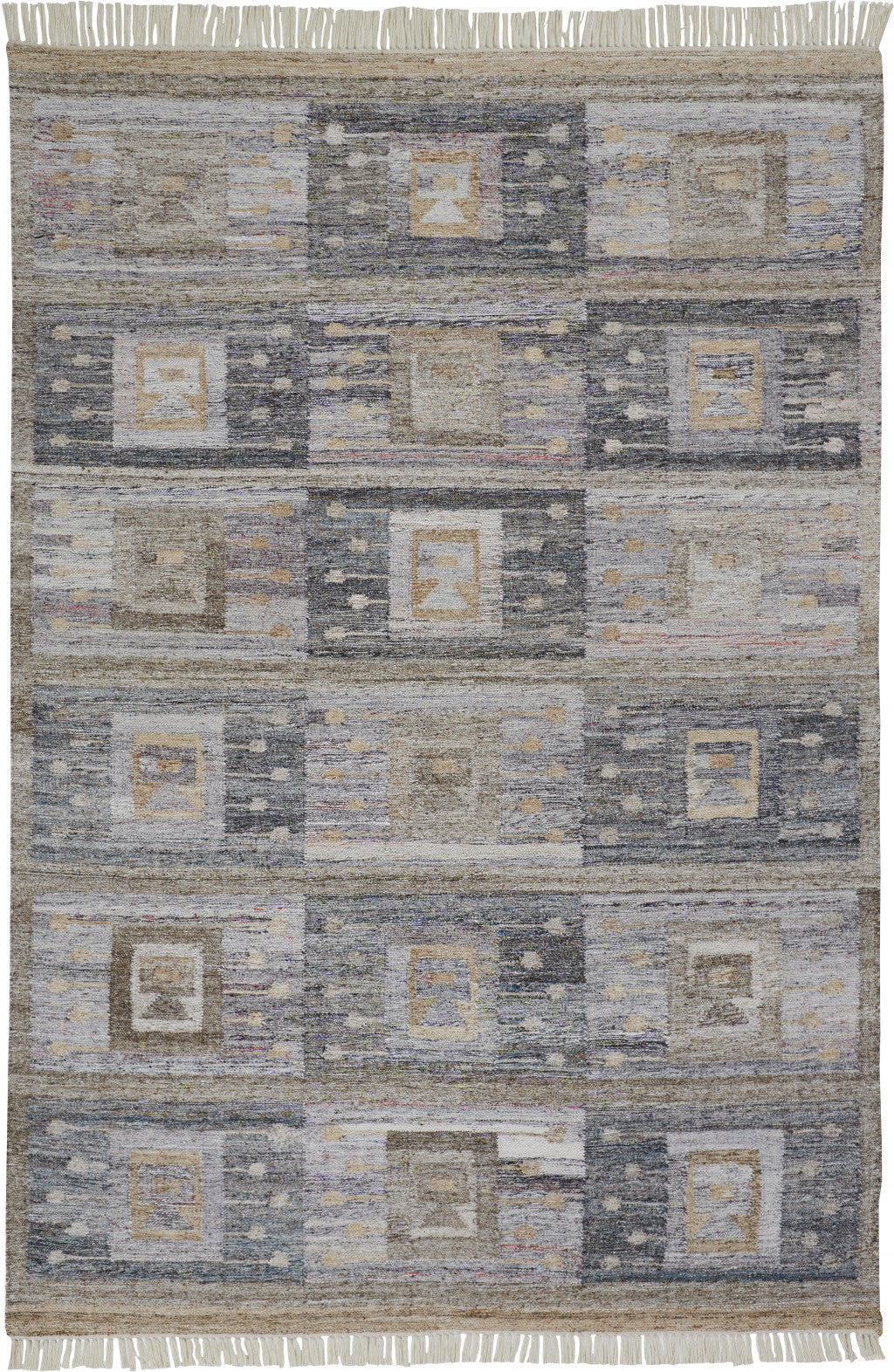 5' X 8' Gray Taupe And Tan Geometric Hand Woven Stain Resistant Area Rug With Fringe