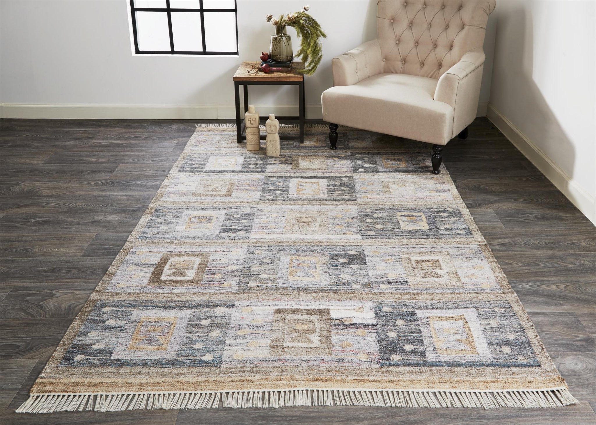 5' X 8' Gray Taupe And Tan Geometric Hand Woven Stain Resistant Area Rug With Fringe