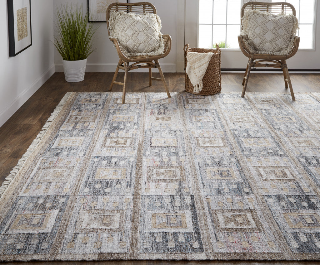 5' X 8' Gray Taupe And Tan Geometric Hand Woven Stain Resistant Area Rug With Fringe