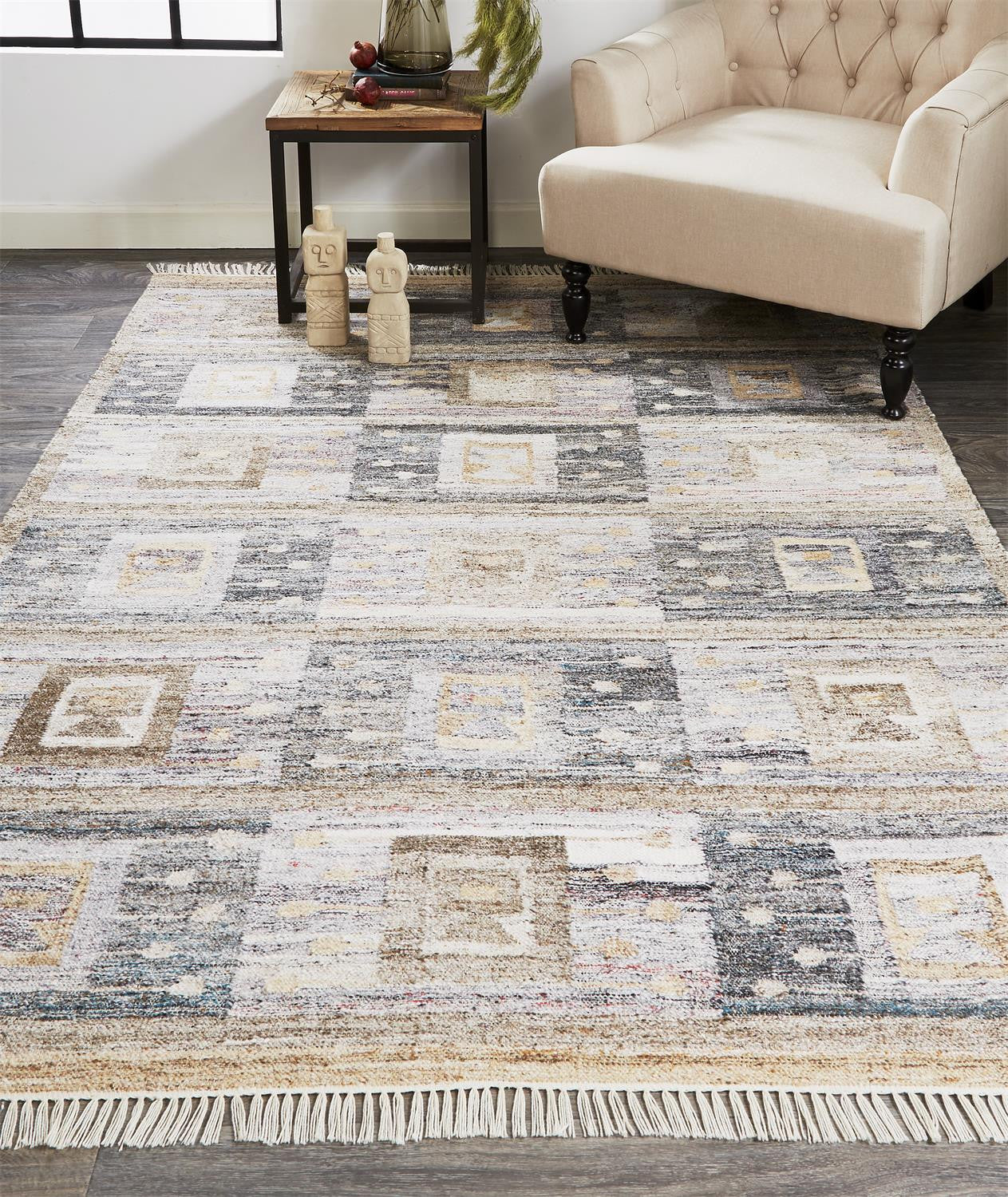 5' X 8' Gray Taupe And Tan Geometric Hand Woven Stain Resistant Area Rug With Fringe