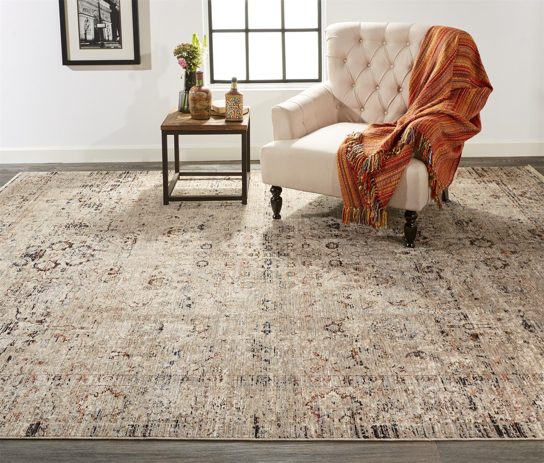 2' X 3' Taupe Ivory And Gray Abstract Distressed Area Rug With Fringe