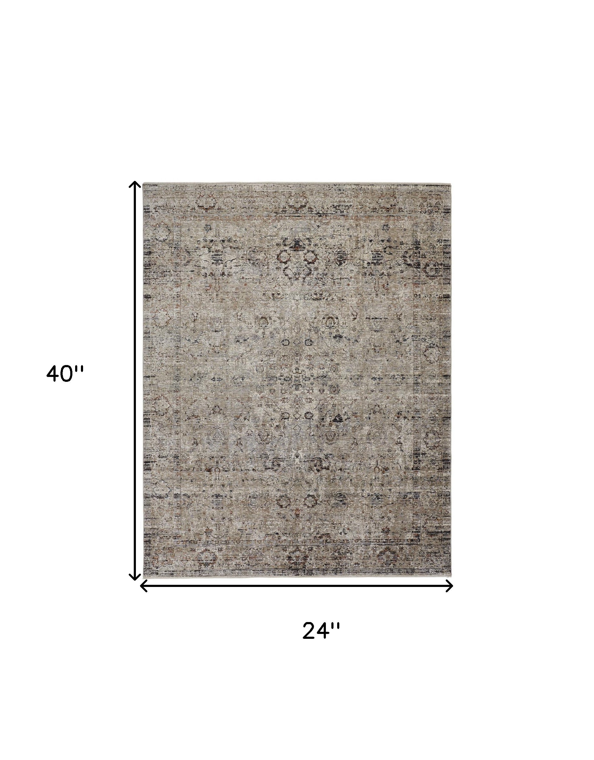 2' X 3' Taupe Ivory And Gray Abstract Distressed Area Rug With Fringe