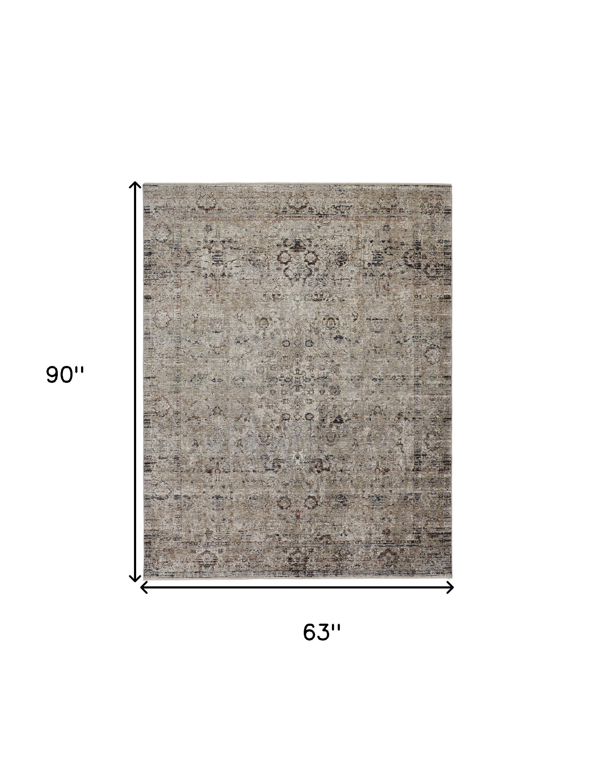 5' X 8' Taupe Ivory And Gray Abstract Distressed Area Rug With Fringe