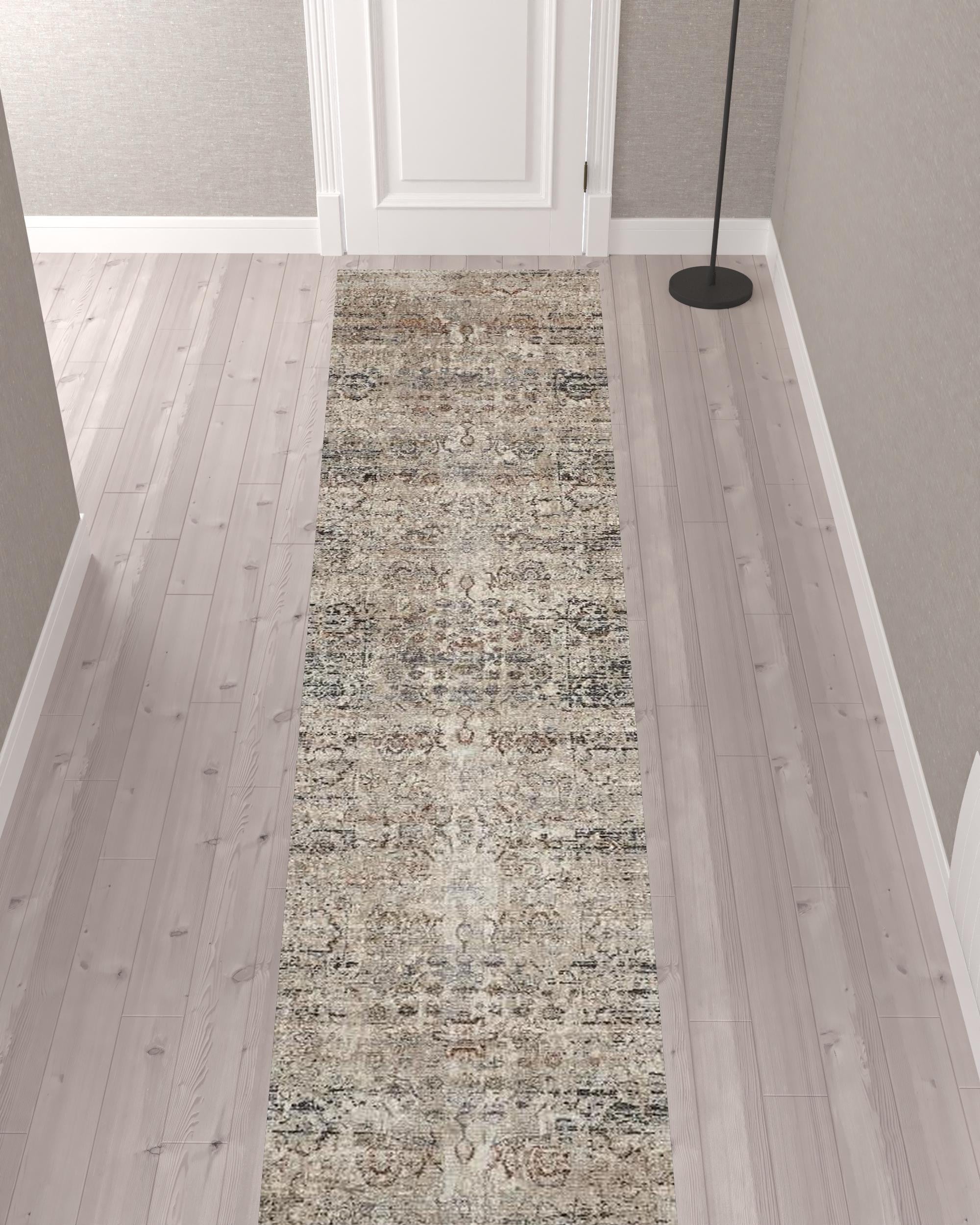 12' Taupe Ivory And Gray Abstract Distressed Runner Rug With Fringe