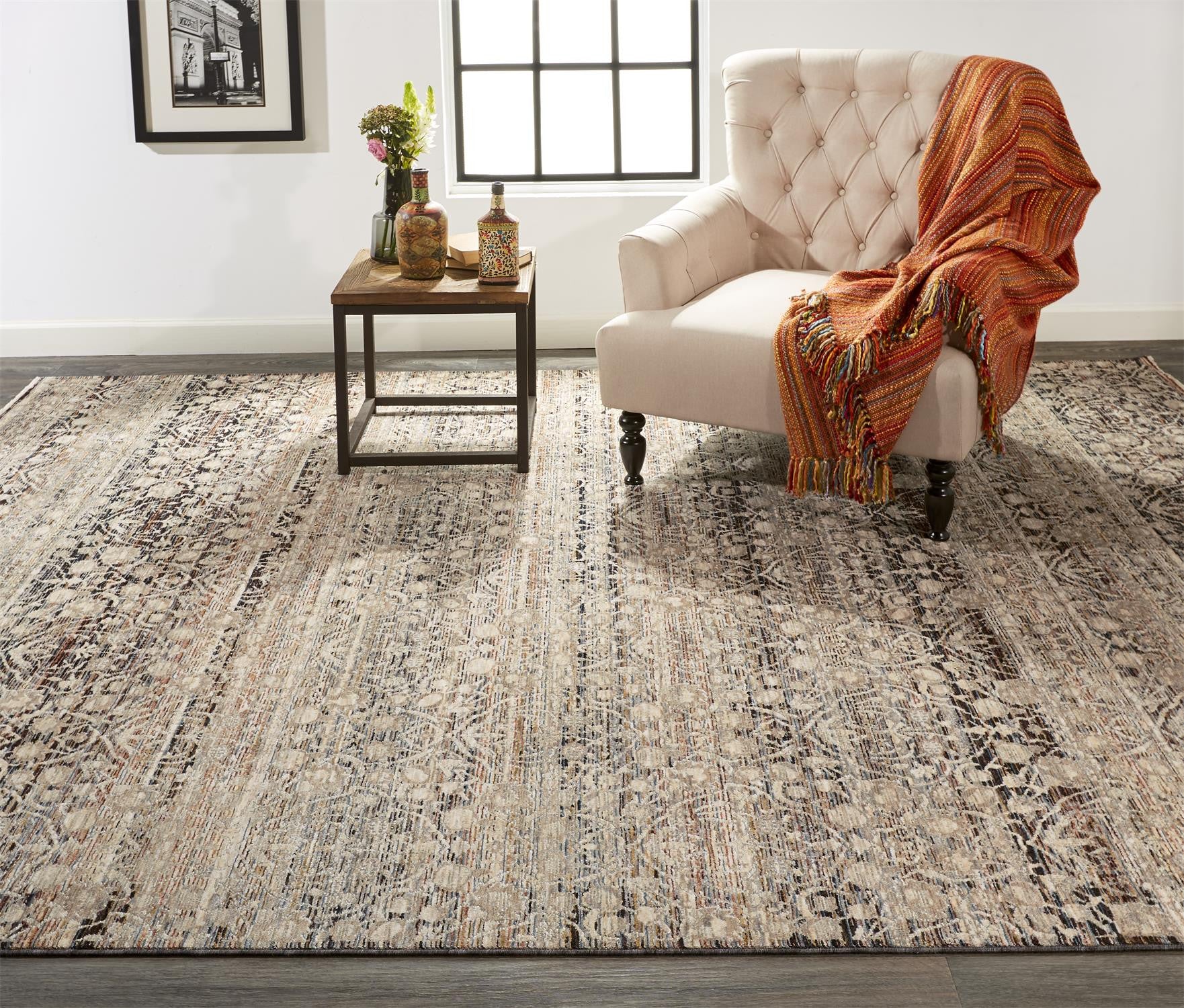 4' X 6' Gray Ivory And Tan Abstract Distressed Area Rug With Fringe