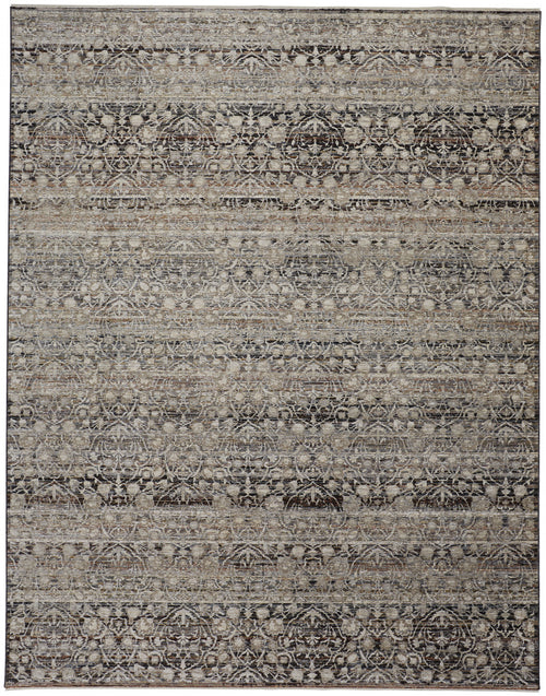 7' X 10' Gray Ivory And Tan Abstract Distressed Area Rug With Fringe