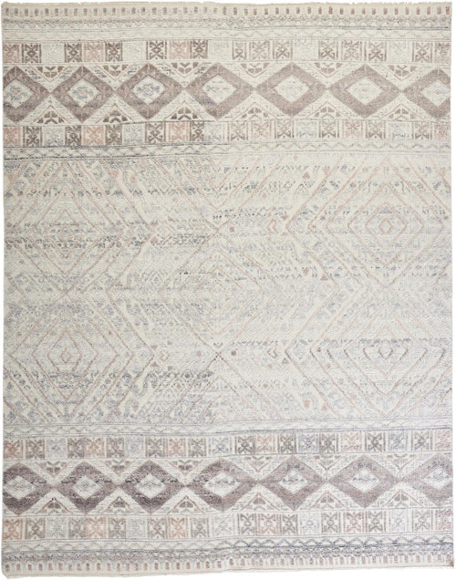 8' X 10' Gray Ivory And Pink Geometric Hand Knotted Area Rug