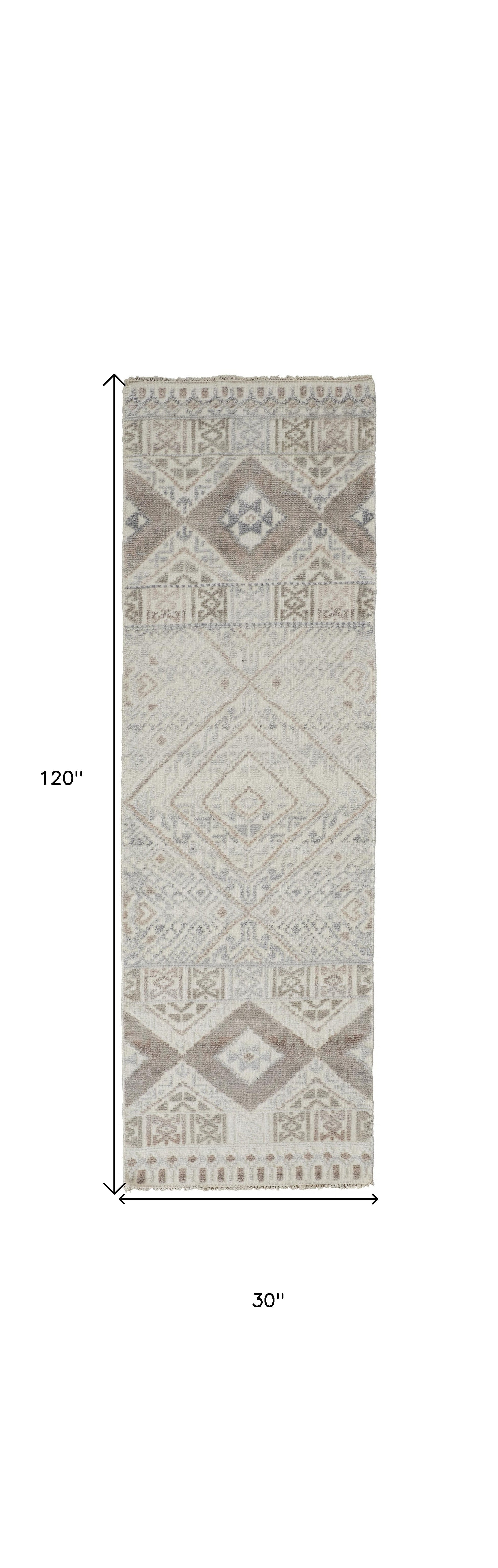 10' Gray Ivory And Pink Geometric Hand Knotted Runner Rug