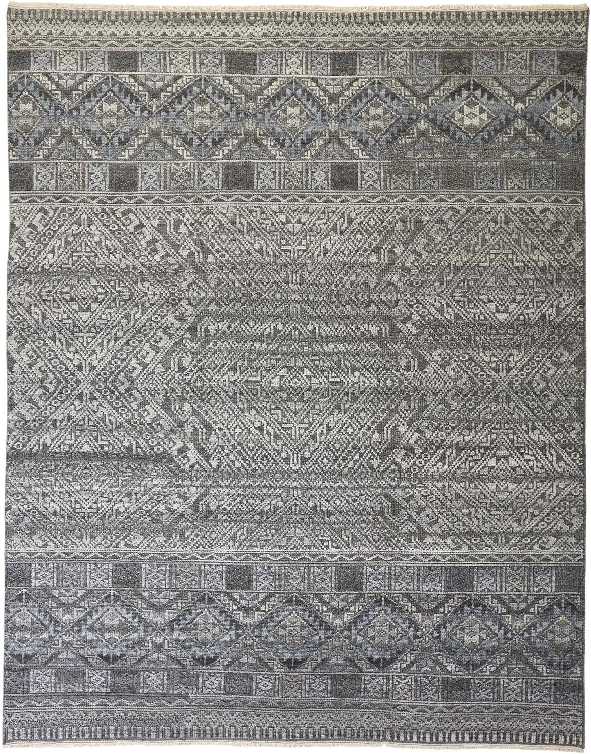 4' X 6' Gray Ivory And Blue Geometric Hand Knotted Area Rug