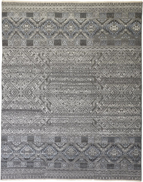 4' X 6' Gray Ivory And Blue Geometric Hand Knotted Area Rug