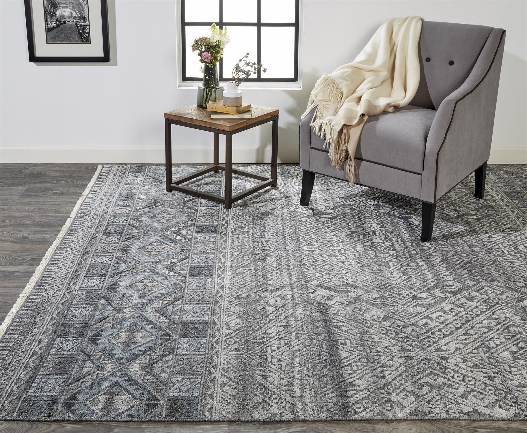 4' X 6' Gray Ivory And Blue Geometric Hand Knotted Area Rug