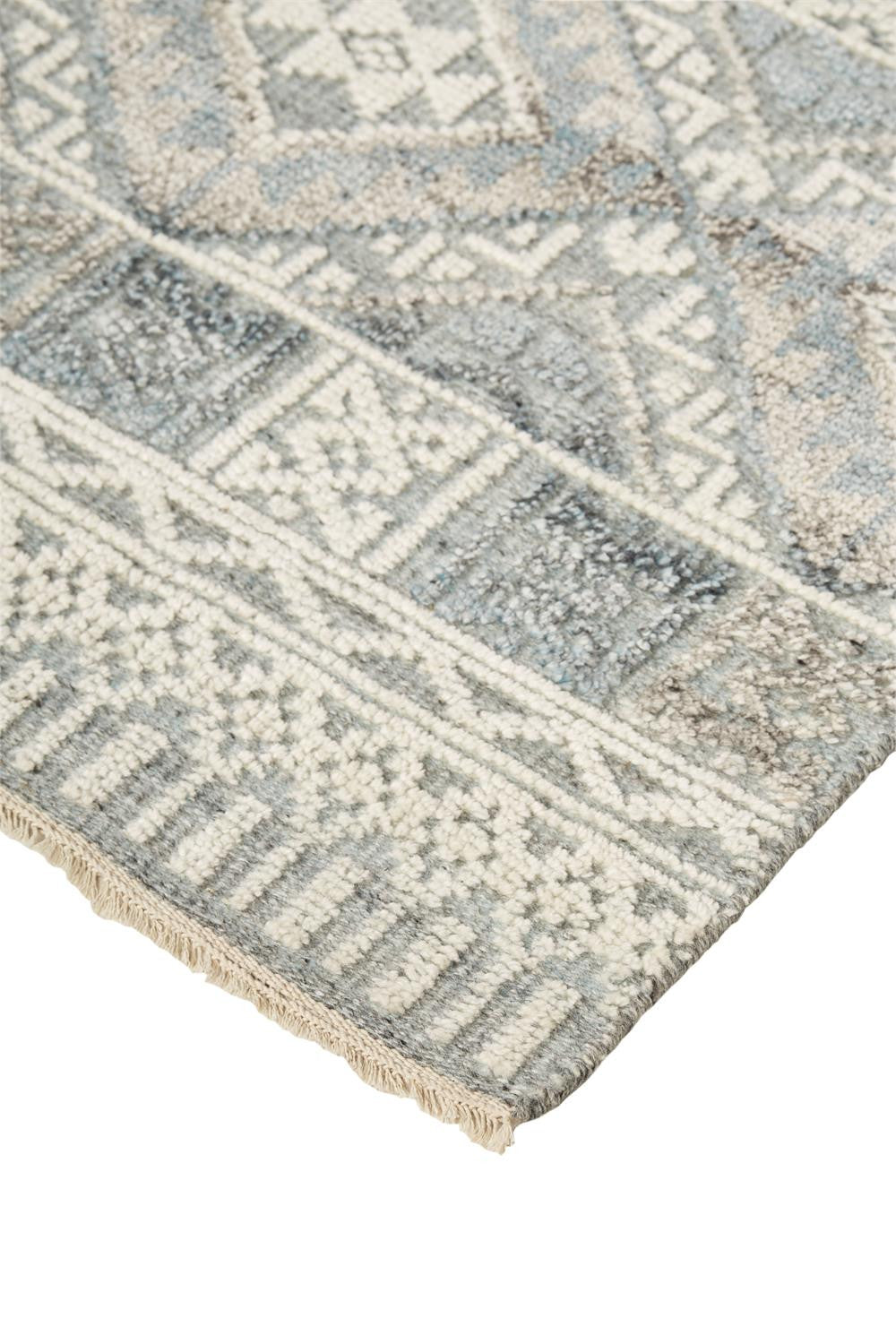 4' X 6' Ivory Blue And Gray Geometric Hand Knotted Area Rug