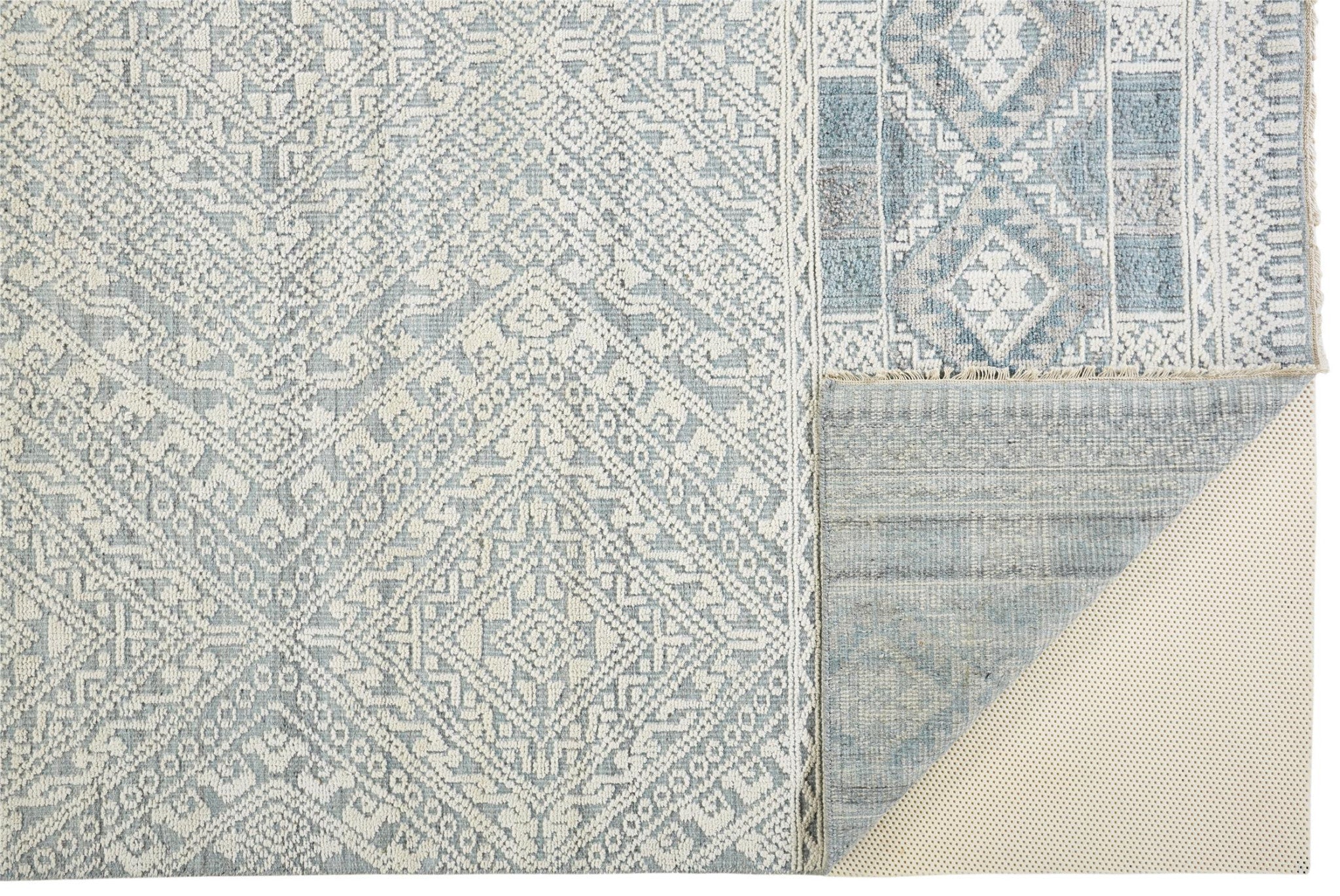 4' X 6' Ivory Blue And Gray Geometric Hand Knotted Area Rug