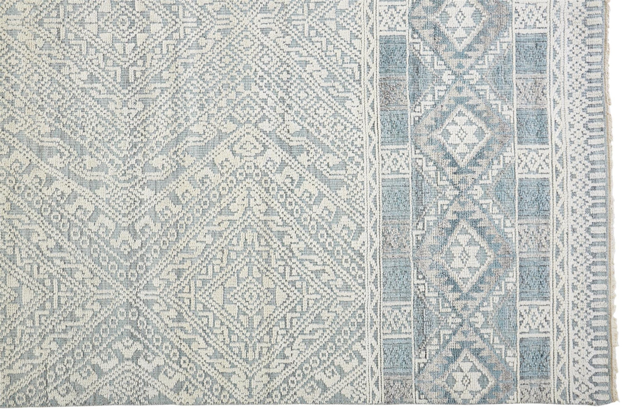 4' X 6' Ivory Blue And Gray Geometric Hand Knotted Area Rug