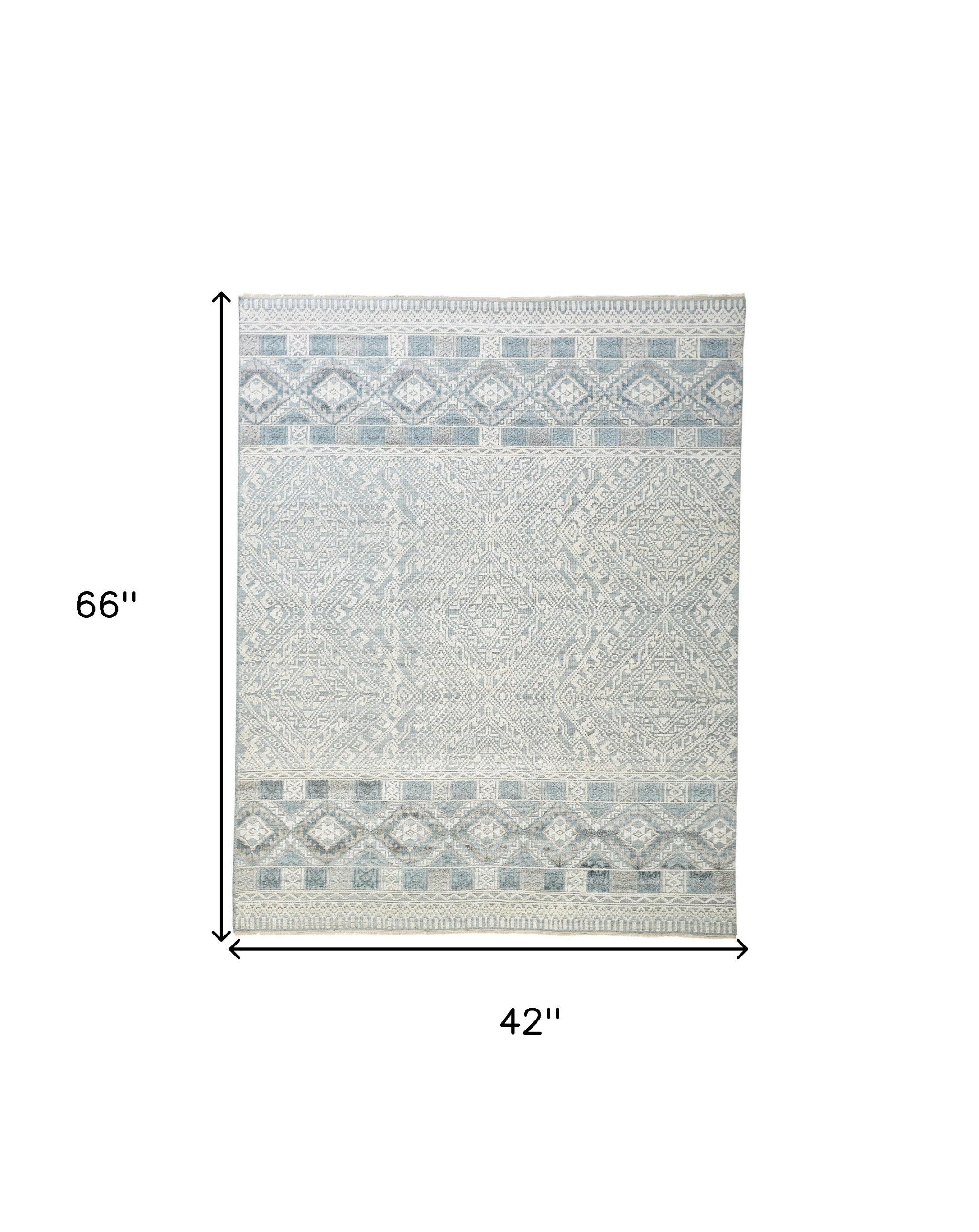 4' X 6' Ivory Blue And Gray Geometric Hand Knotted Area Rug