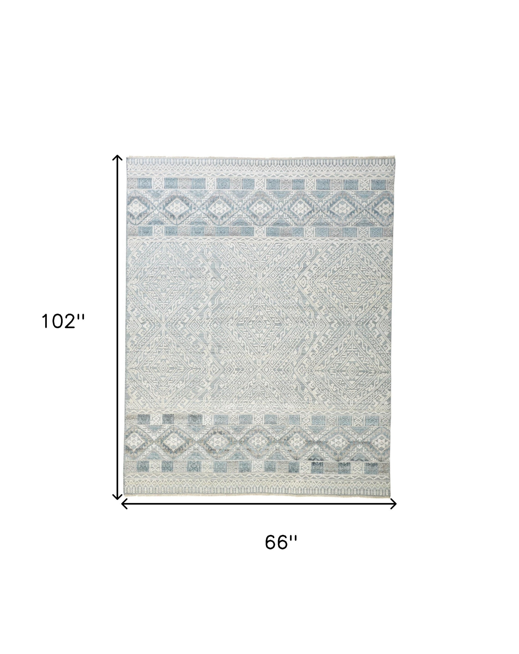 5' X 8' Ivory Blue And Gray Geometric Hand Knotted Area Rug