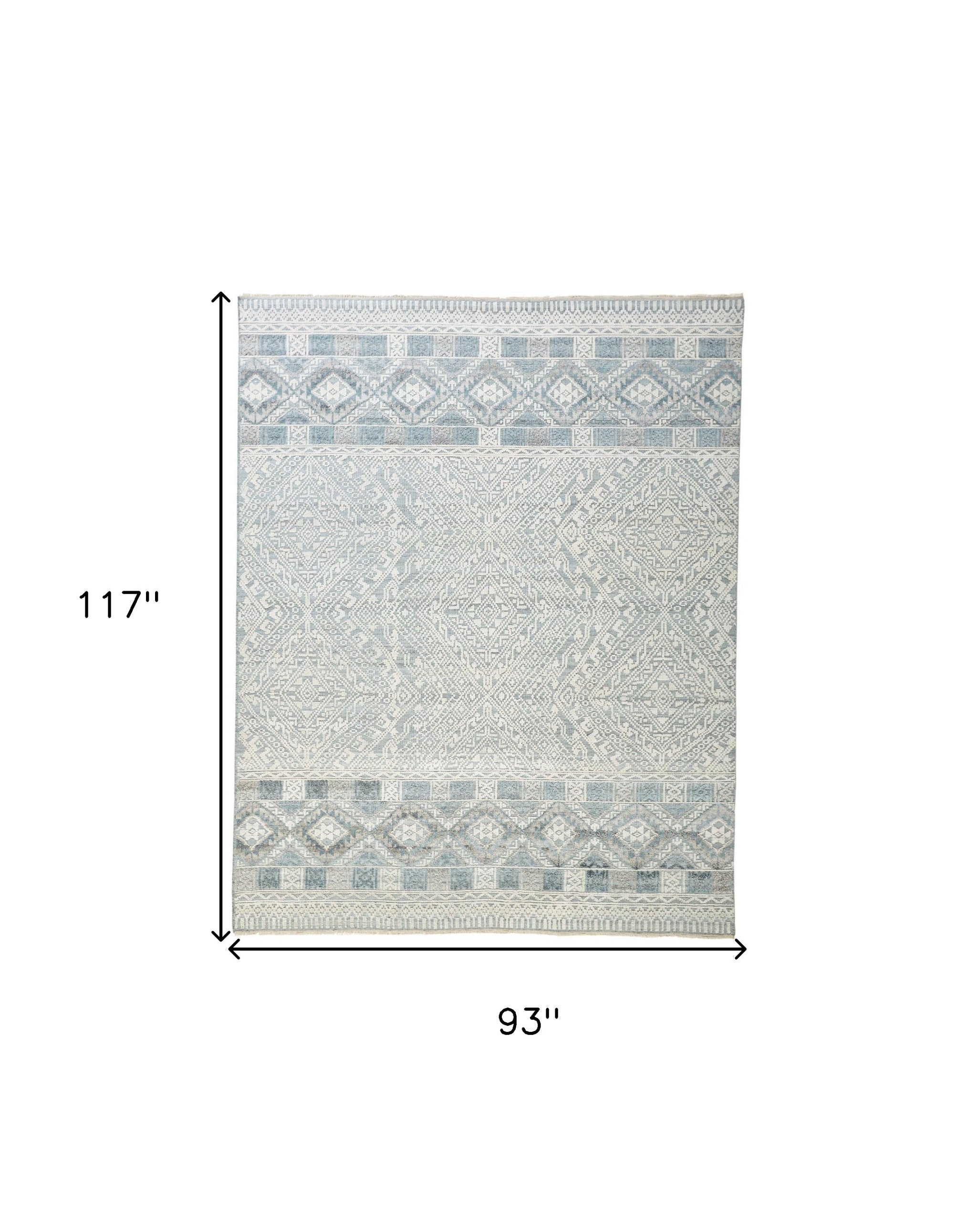 8' X 10' Ivory Blue And Gray Geometric Hand Knotted Area Rug