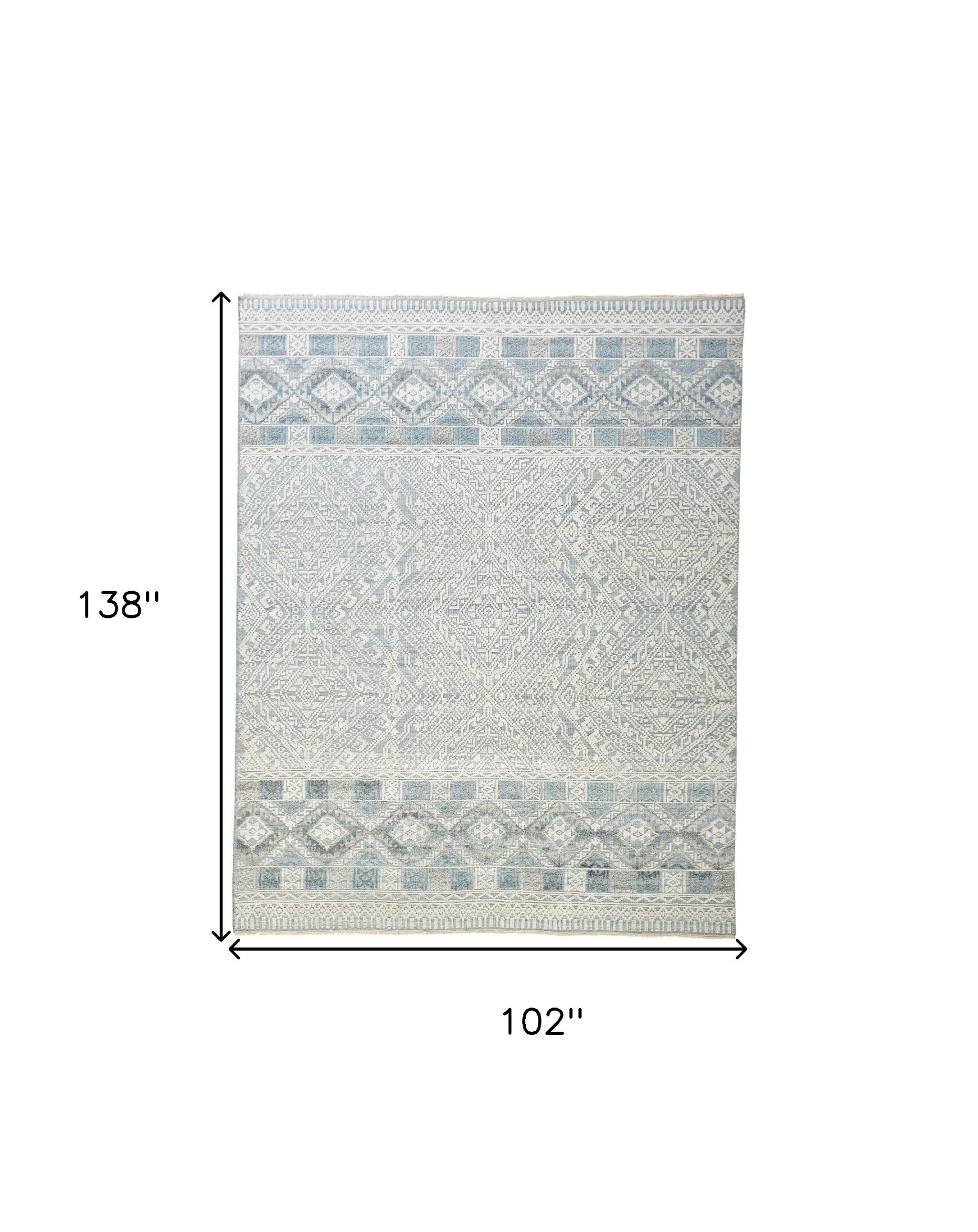 9' X 12' Ivory Blue And Gray Geometric Hand Knotted Area Rug