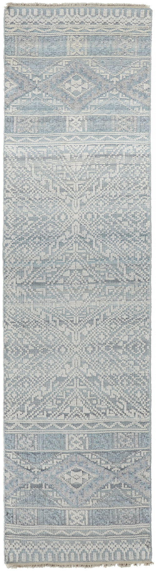 10' Ivory Blue And Gray Geometric Hand Knotted Runner Rug