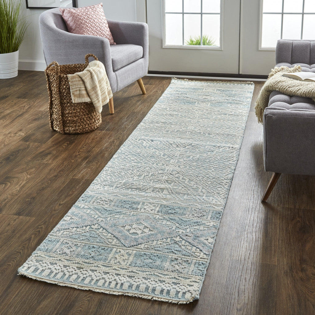 10' Ivory Blue And Gray Geometric Hand Knotted Runner Rug