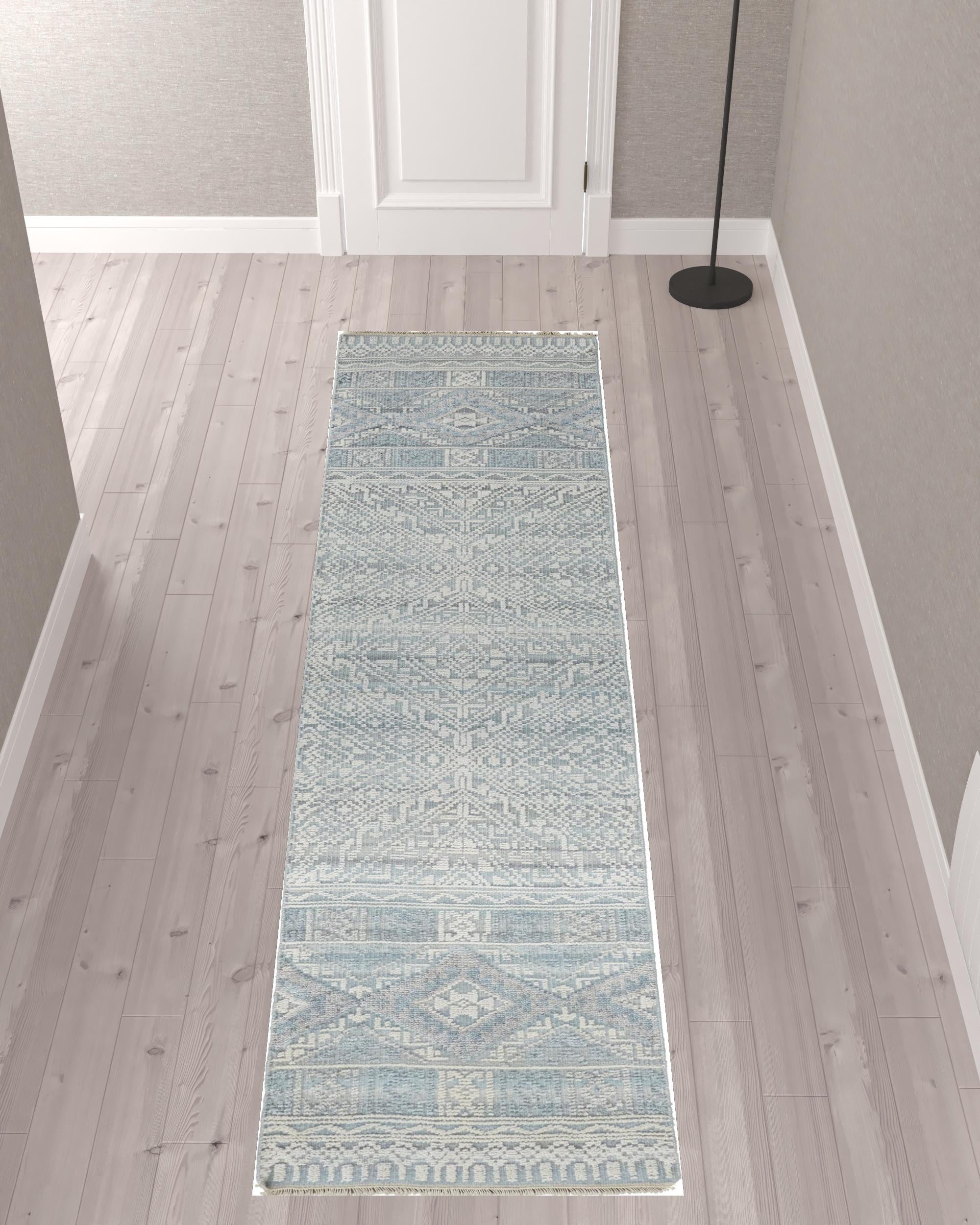 10' Ivory Blue And Gray Geometric Hand Knotted Runner Rug