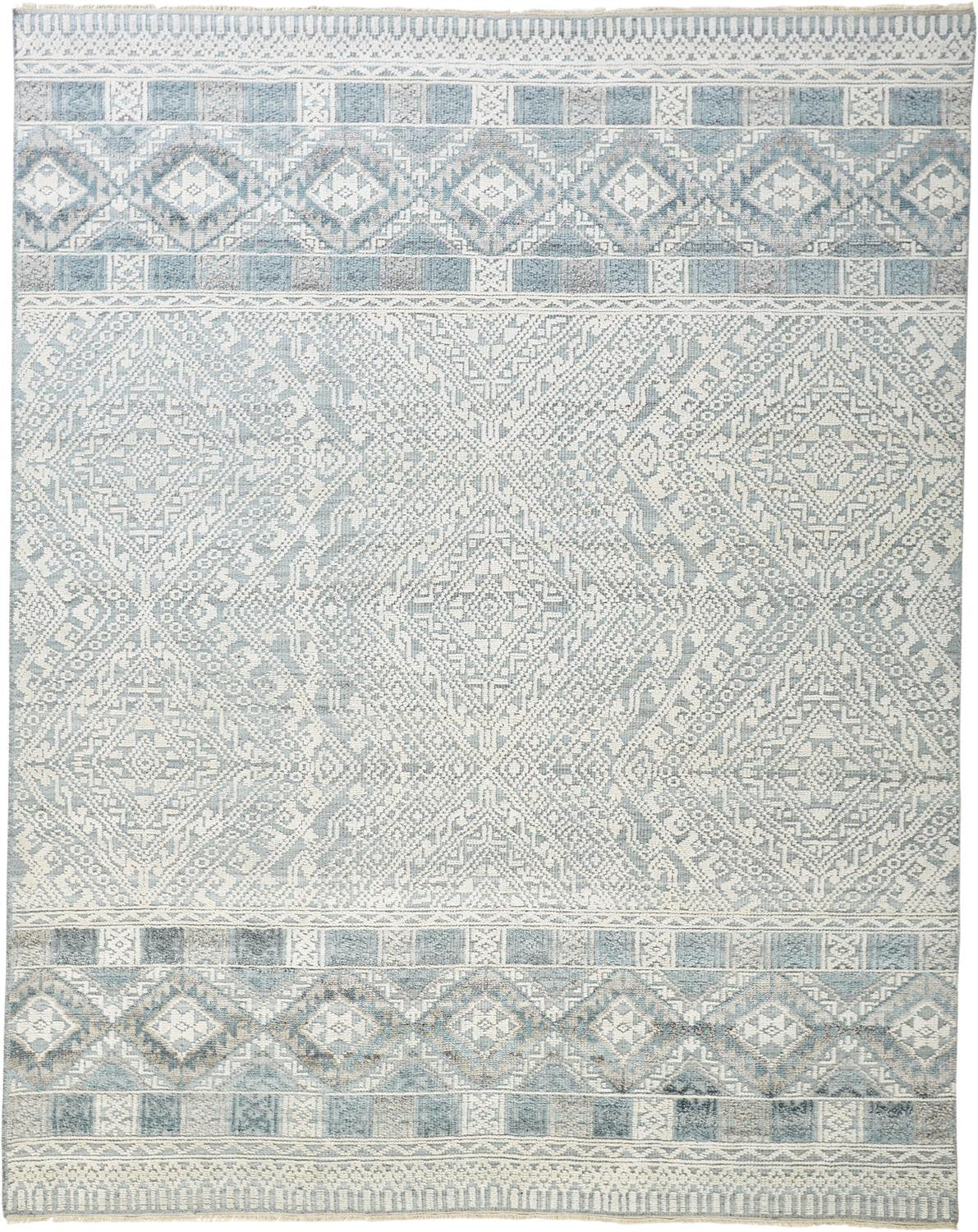 12' X 15' Ivory Blue And Gray Geometric Hand Knotted Area Rug