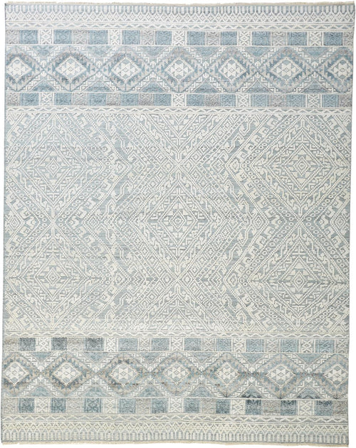 12' X 15' Ivory Blue And Gray Geometric Hand Knotted Area Rug