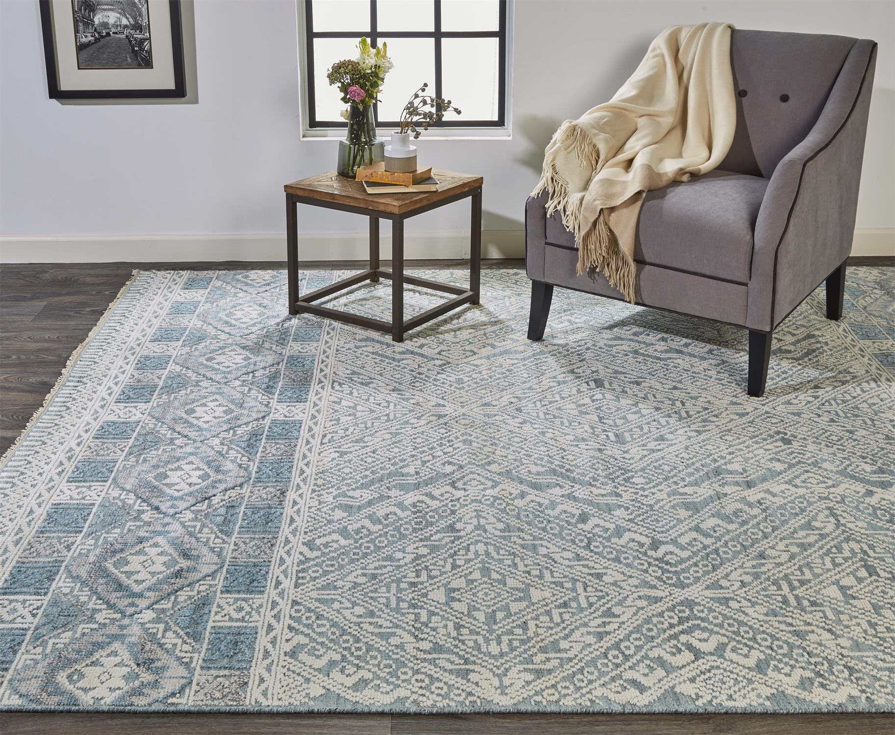 12' X 15' Ivory Blue And Gray Geometric Hand Knotted Area Rug