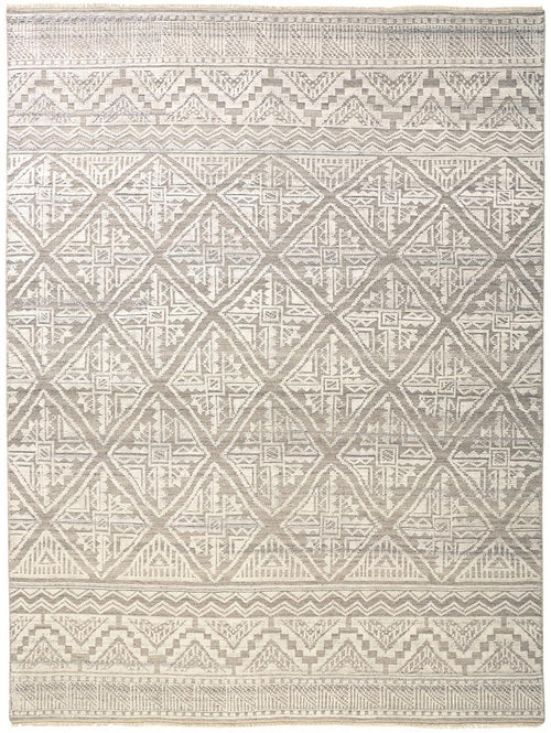 5' X 8' Ivory Tan And Gray Geometric Hand Knotted Area Rug