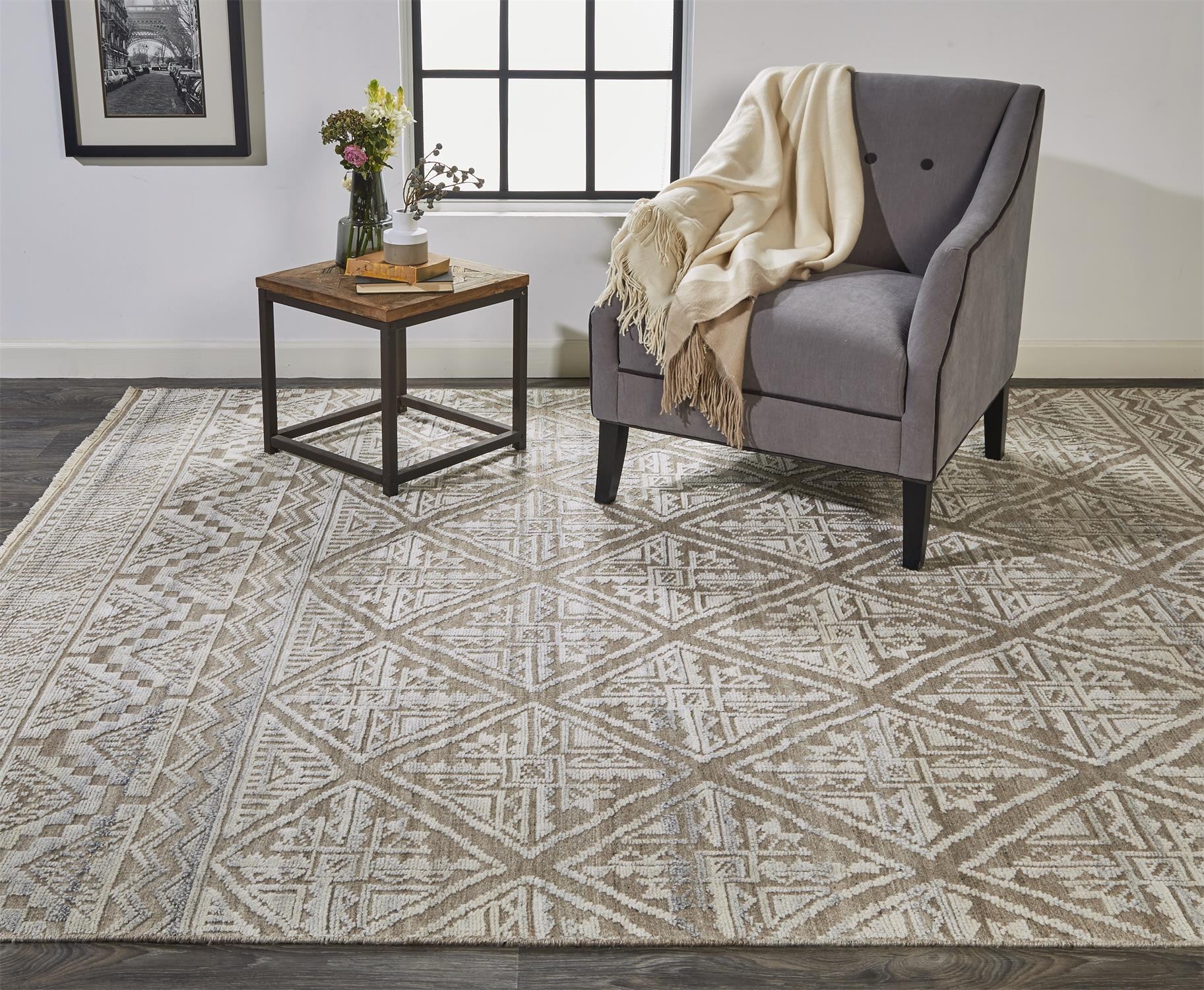 5' X 8' Ivory Tan And Gray Geometric Hand Knotted Area Rug