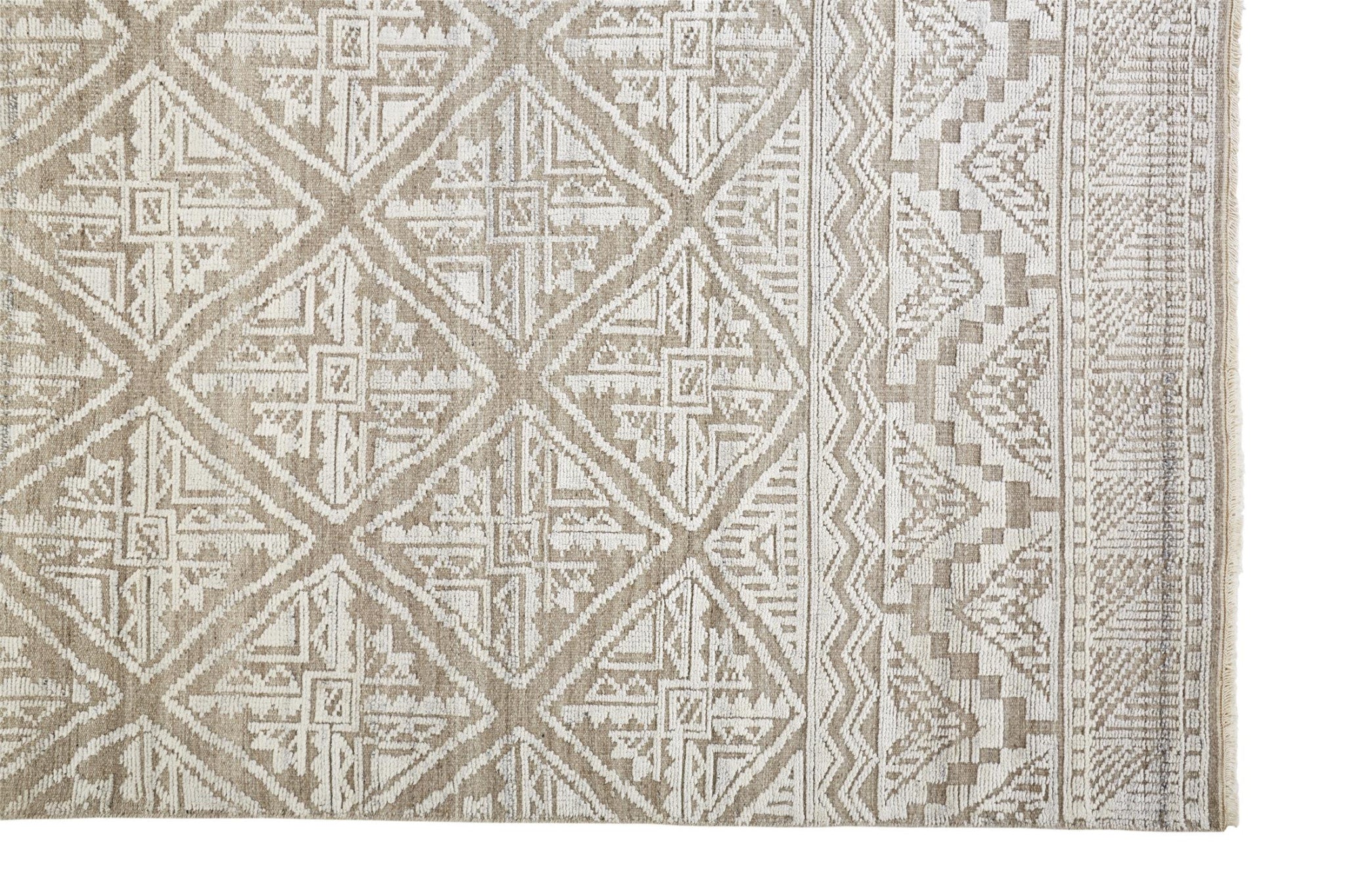 5' X 8' Ivory Tan And Gray Geometric Hand Knotted Area Rug