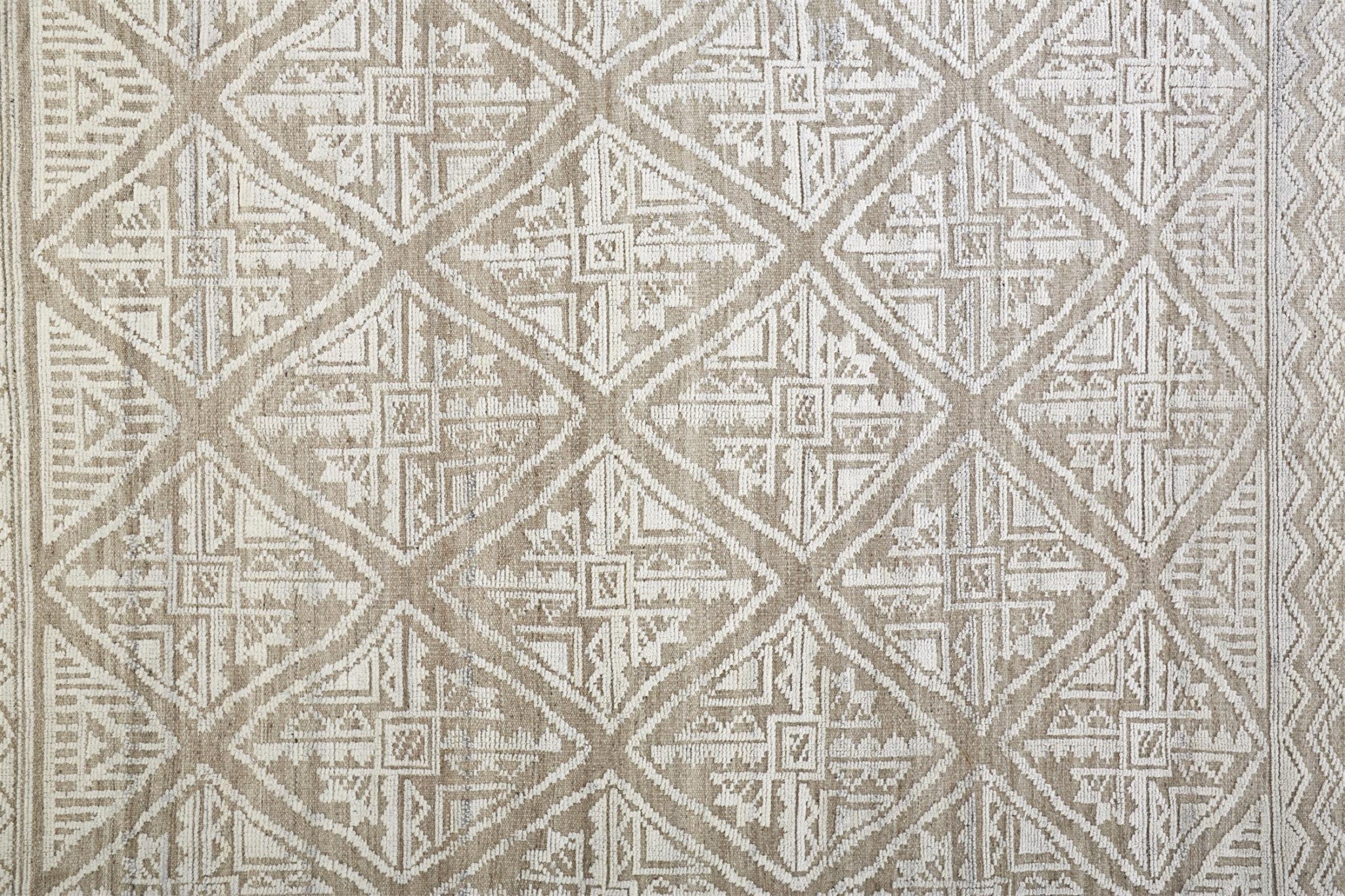 10' Ivory Tan And Gray Geometric Hand Knotted Runner Rug