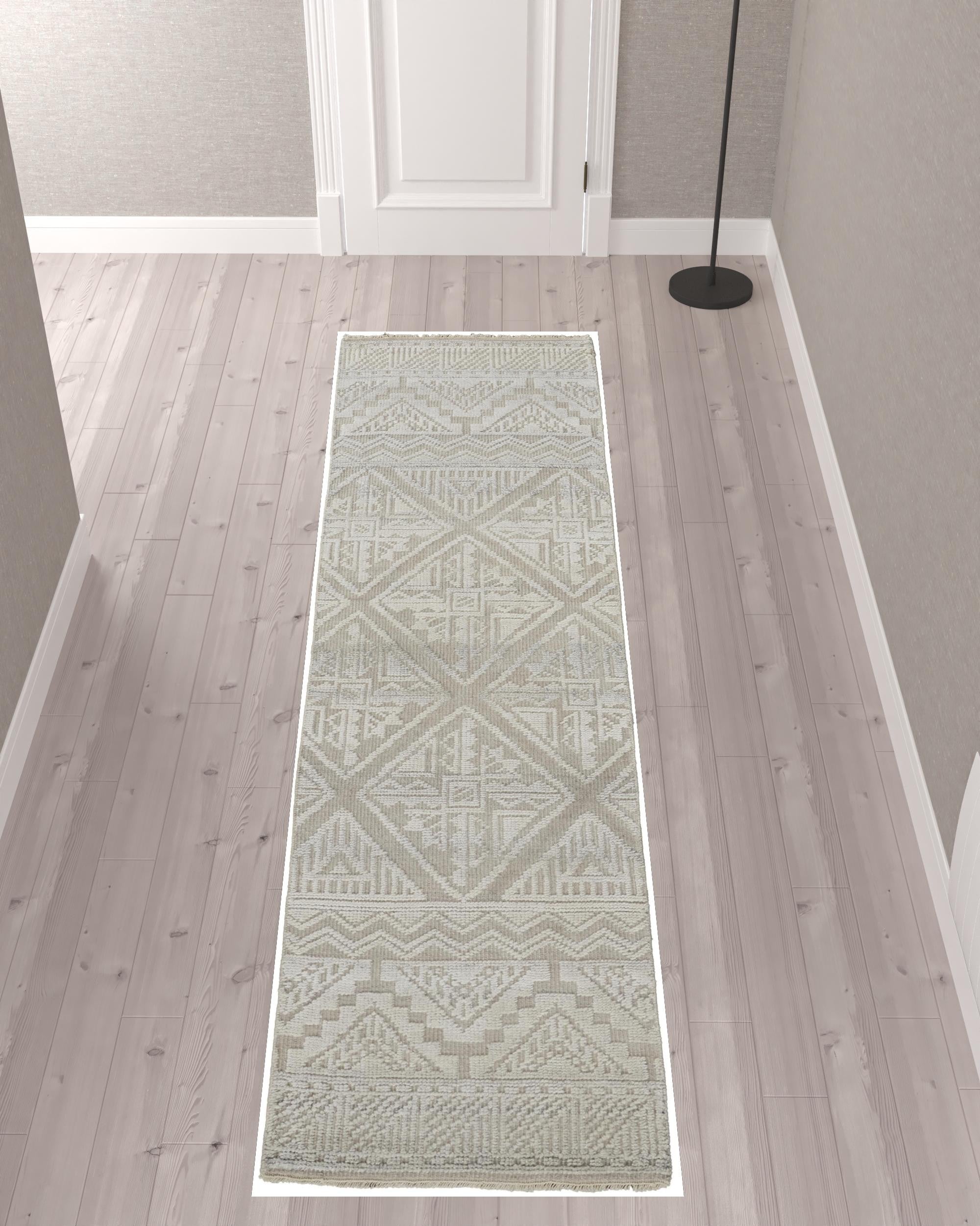 10' Ivory Tan And Gray Geometric Hand Knotted Runner Rug