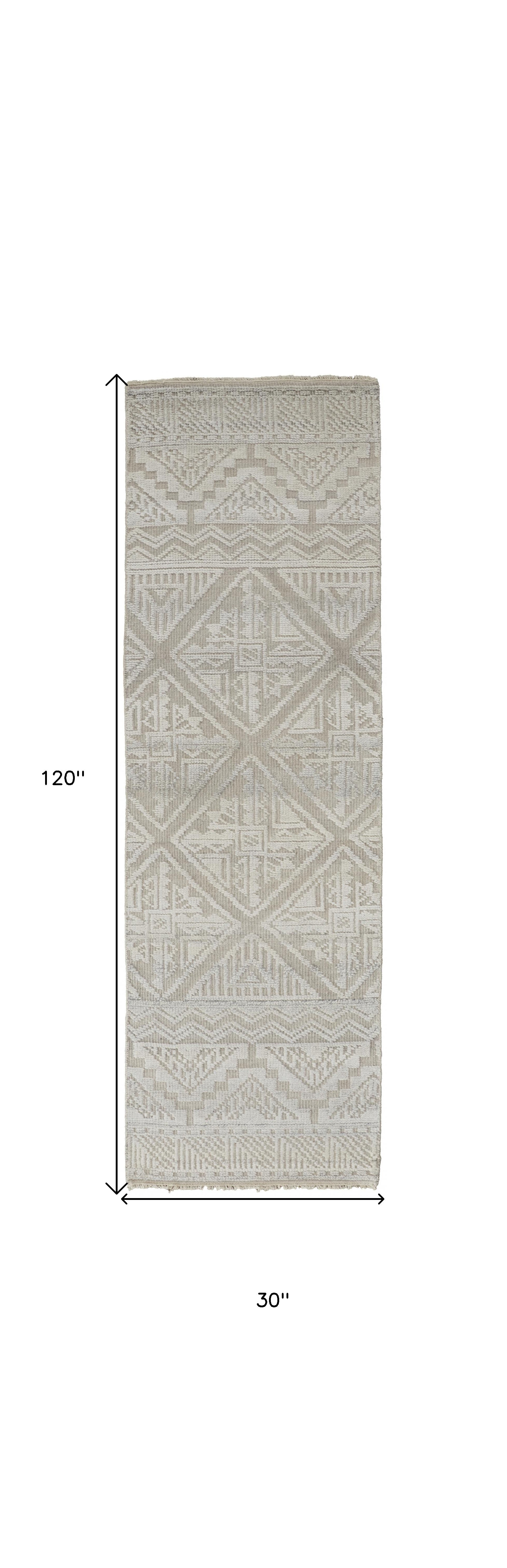 10' Ivory Tan And Gray Geometric Hand Knotted Runner Rug