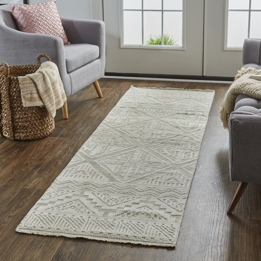 8' Ivory Tan And Gray Geometric Hand Knotted Runner Rug