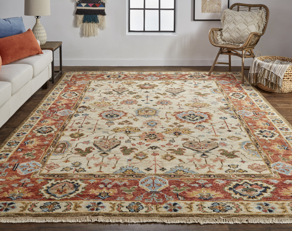 4' X 6' Ivory Red And Blue Wool Floral Hand Knotted Stain Resistant Area Rug