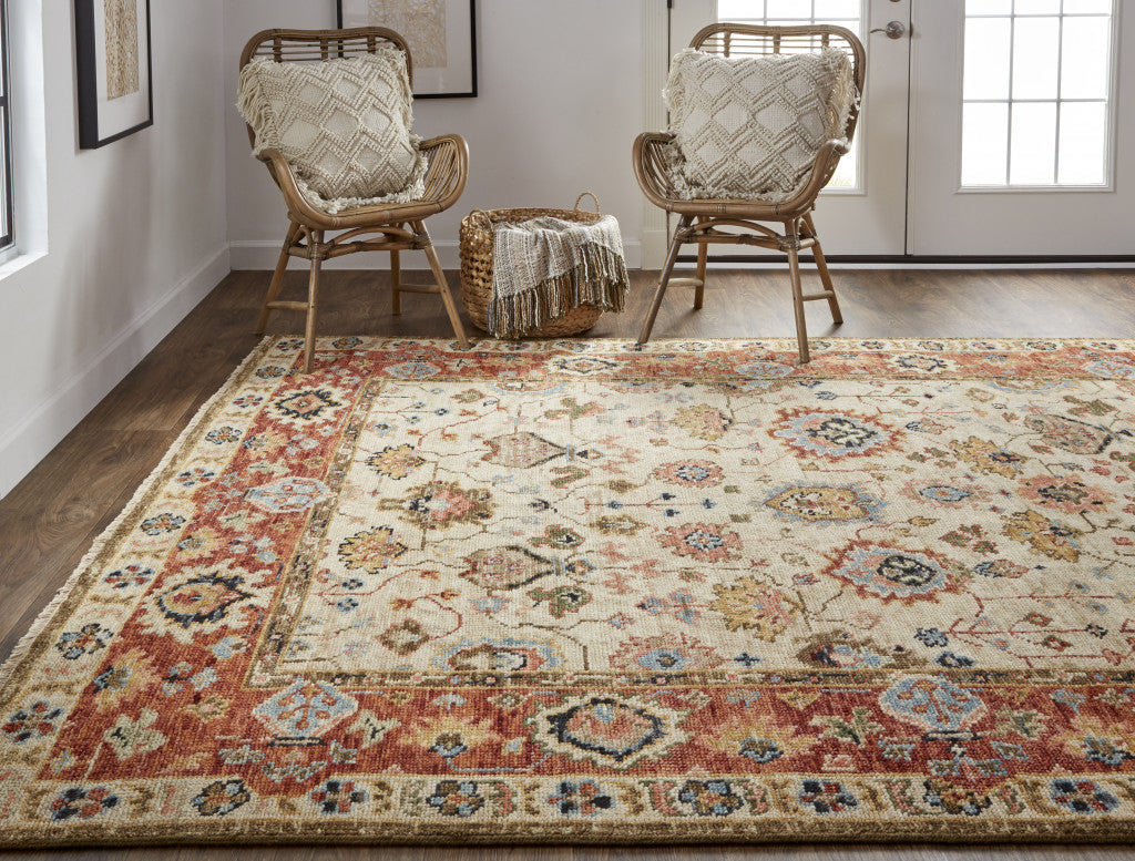 8' X 10' Ivory Red And Blue Wool Floral Hand Knotted Stain Resistant Area Rug