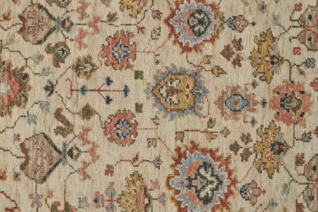 8' Ivory Red And Blue Wool Floral Hand Knotted Stain Resistant Runner Rug