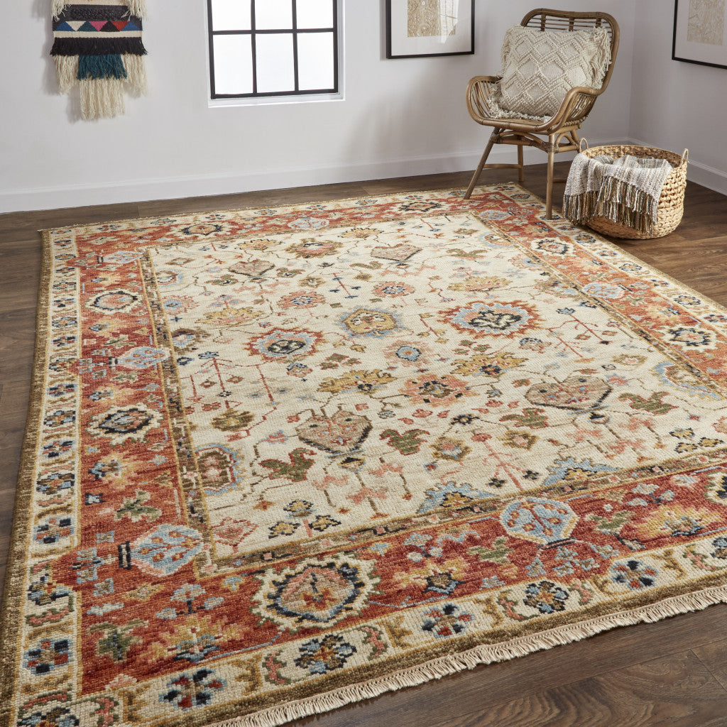 2' X 3' Ivory Red And Blue Wool Floral Hand Knotted Stain Resistant Area Rug