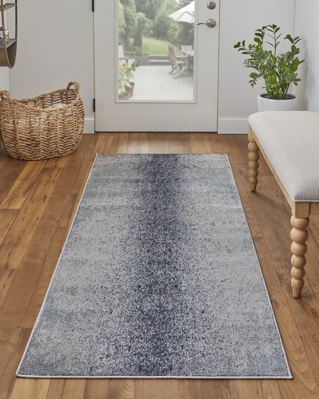 8' Ivory And Blue Abstract Power Loom Runner Rug