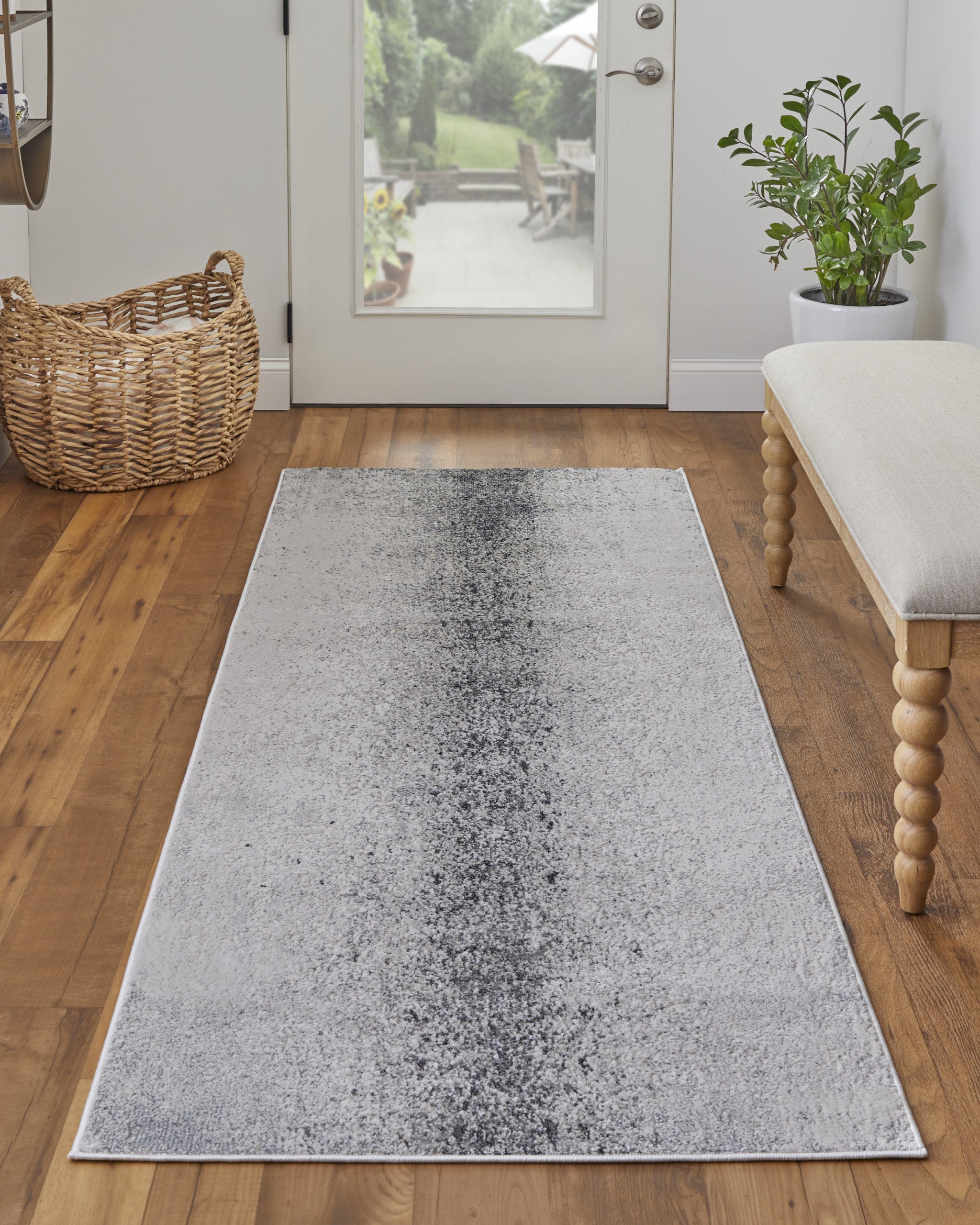 8' Ivory Gray And Black Abstract Power Loom Runner Rug